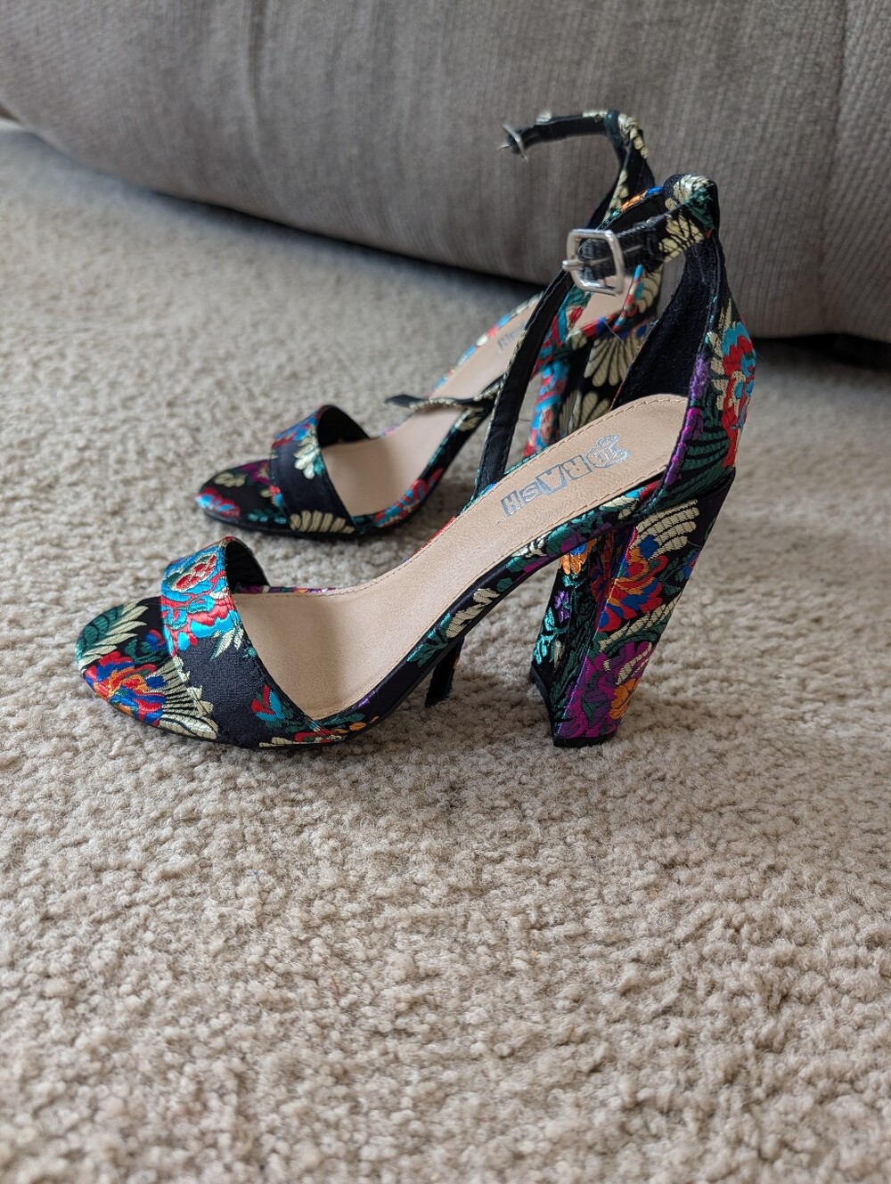 Brash Floral Brocade Open Toe Ankle Strap Block Heel Sandals